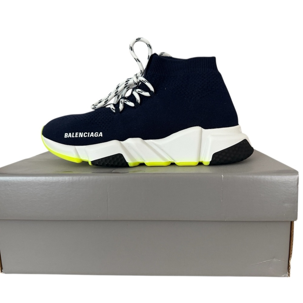 Balenciaga Navy Blue Speed Trainer Lace-Up High Top Sneaker